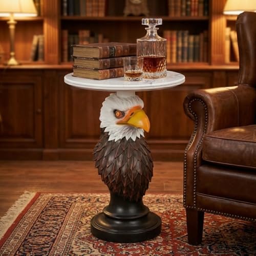 Cool Eagle Side Table - End Table with Faux Marble Top Unique Eagle Head Statue Decor for Executive Office, Living Room Elegant Animal Sculpture Patriotic Home Decor - color: Majestic Eagle Base