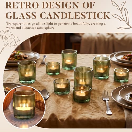 36 Pcs Vintage Green Ribbed Glass Tealight Holders Bulk, 18 Large & 18 Small Candle Holders for Christmas, Table Centerpieces, Wedding Decor, Birthday & Home Party Ambiance