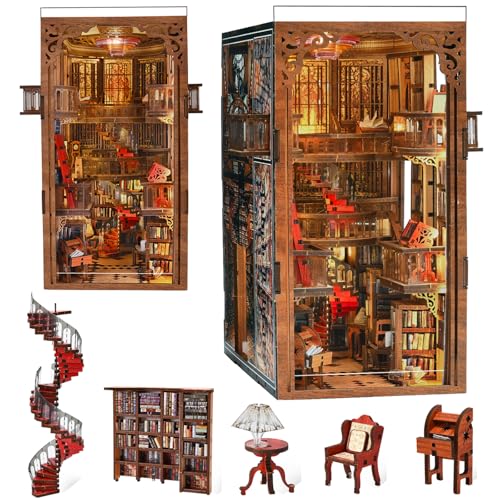 MiniCity Book Nook Kit, DIY Miniature House Dollhouse Kit for Adults and Teens, Booknook Tiny House Bookshelf Decor with LED Light and Dust Cover (Abbey Library) - style: Abbey Library