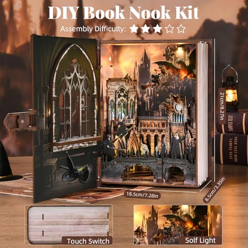 MiniCity Book Nook Kit with LED Light, Miniature House Kit for Birthday, 3D Wooden Bookends Puzzle, Bookshelf Decor for Adults, Teens, Beginners (Introduction to Magical Flight) - style: Introduction to Magical Flight