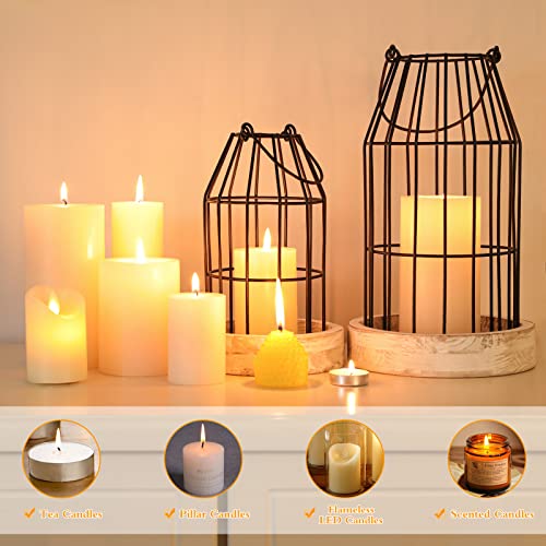 Rustic Wire Metal Cloche Set of 2 Candle Lantern Decorative Indoor Outdoor Vintage Cage Candle Holders Modern Farmhouse Decor for Fireplace Mantle Entryway Living Room Kitchen Dining Table Centerpiece - color: Black/White