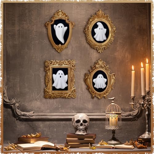 Wesiti 4 Pcs Halloween 3D Ceramic Ghosts with Vintage Resin Framed Mini Cute Sculpture Statue Wall Decoration Small Scary Ghost Figurine Halloween Sculptures for Wall Living Room Bedroom Home Decor - style: Halloween Ghost