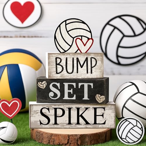 Yuntau 4 Pcs Volleyball Centerpieces for Table Volleyballs Tiered Tray Decorations Wooden Bump Set Spike Farmhouse Decorative Faux Book Stack Block Sign for Room Shelf Coffee Table Fireplace Mantel - style: Volleyballs