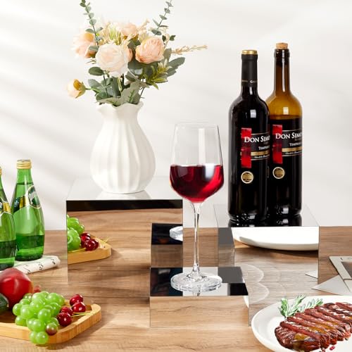 3 Pcs Acrylic Risers for Display, Acrylic Cube Box Food Display Risers Stand Shelf for Catering Dessert Collectibles Jewelry Figures Party (Silver3pc) - size: Silver 3pcs (6",7",8")