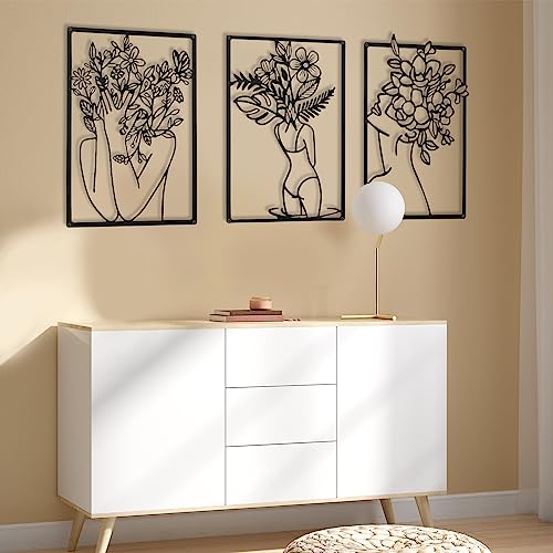 CHENGU 3 Pieces Metal Minimalist Abstract Woman Wall Art Line Drawing Wall Art Decor Single Line Female Home Hanging for Kitchen Bathroom Living Room - style: Leaf Style