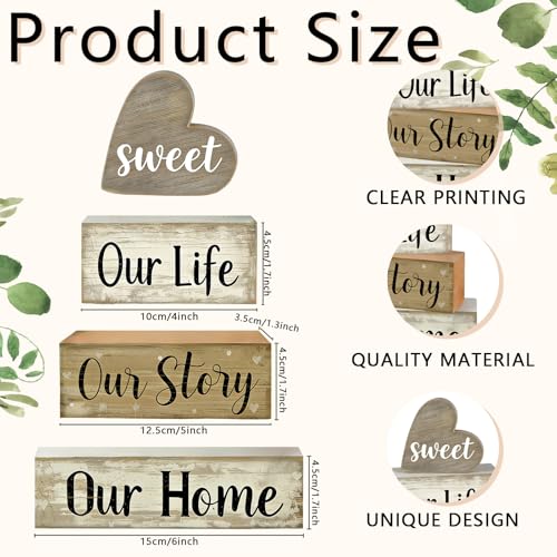 4 Pcs Farmhouse Tabletop Decor Rustic Wooden Block Set for Kitchen Shelf Mantel Family Home Warm Heart Sign Housewarming Gift - style: Home