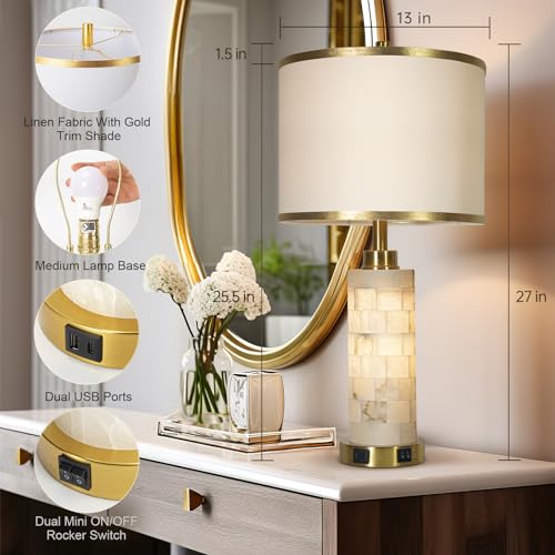 KIVDITZO 27" Alabaster Table Lamps Set of 2, Lamps for Living Room Bedroom,Bedside Lamps with Night Light,Nightstand Lamp with USB A+C Ports,Modern Table Lamp with Linen Shade (Bulbs Included) - color: Golden Colored