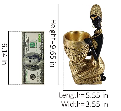 Lescafita Handmade African Tribal Woman Sculpture - Gold Adorned Seated Figure with Basket, Vintage Resin Statue for Home Decor, Unique Housewarming Gift for Shelf/Table (9.65" H) - color: 305-gold