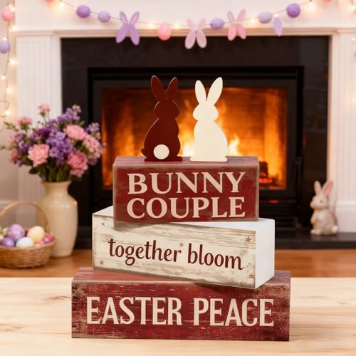 Easter Decorations - Easter Bunny Couple Tiered Tray Decor - Wooden Bunny Tabletop Sign - Rustic Farmhouse Spring Home Decor Indoor for Tiered Tray Shelf Mantel Entryway Coffee Table - Spring Home Decor for Living Room, Kitchen Counter - style: Bunny