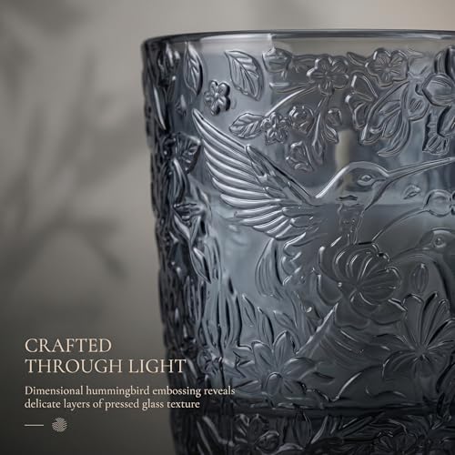 12 Pack Hummingbird Embossed Glass Candle Holders – Votive Tealight Holders with Patent Design, Decorative Embossed Glass Cups for Wedding Centerpieces, Parties, and Home Décor (Smoky Quartz) - color: Smoky Quartz