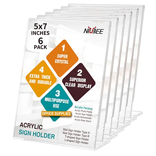 NIUBEE 6Pack Slant Back Acrylic Sign Holder 5x7 inches, Clear Vertical Picture Frames Frames, Desktop Flyer Holder Document Holder Paper Display Stand - size: 5x7, style: Vertical
