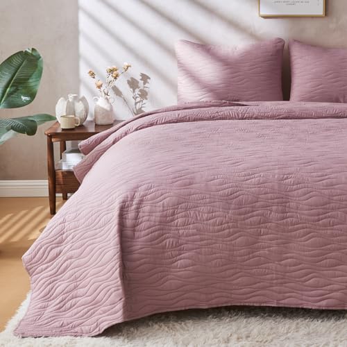 JYHOPE Grayish Purple Twin Quilt Set 68x90 Lightweight Microfabric Bedspread, 3-Piece Quilt Bedding with Pillow Shams, Summer Cooling Quilts, Ribbon Wrapped Gift - color: Wood Pattern-grayish Purple, size: Twin(68x90)