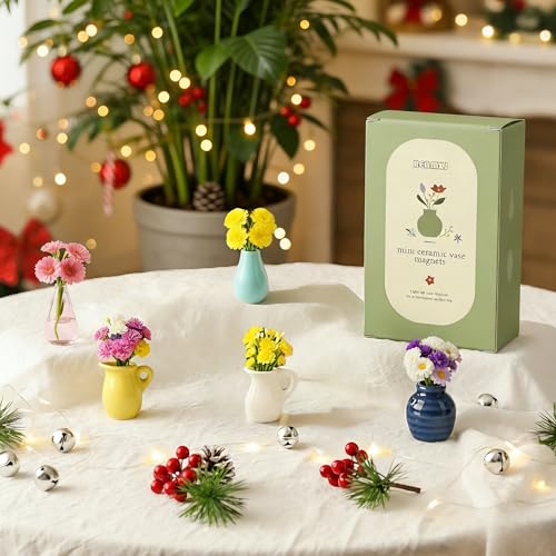 Renmxj Mini Ceramic Vase Magnets for Fridge, Cute Tiny Plant Vase Fridge Magnets for Kitchen Refrigerator Office Locker Decoration with Fake Flowers (5 Pack) - color: 5 Pack