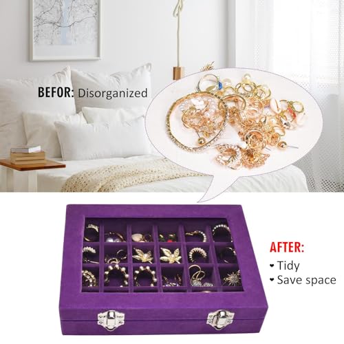 Vicoter Velvet Jewelry Box 24 Grid Jewelry Ring Display Organiser Box Tray Holder Earrings Storage Case for Girls Wife Mom Women (Purple) - color: Purple