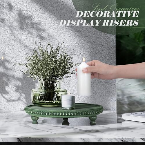 EOSAHR Round Pine Wooden Display Riser - Beaded Wood Riser for Small Plant Stand & Sink Sponge Holder, Perfume Display Stand - Rustic Kitchen Counter Organizer, Boho Chic Room Decor (Green) - color: Green