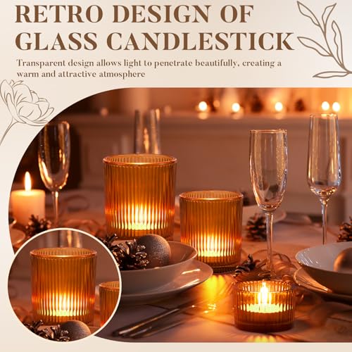 Mumufy 48 Pcs Assorted Votive Candle Holders Ribbed Glass Tealight Candle Holder Bulk for Table Centerpiece, Baby Shower, Home and Wedding Party Decoration (Amber) - color: Amber