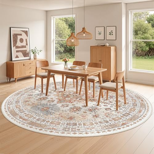 zesthome 8ft Round Rugs for Living Room, Non-Slip Washable Round Area Rugs, Ultra-Thin Large Circle Rugs, Soft Low Pile Rug for Bedroom, Kitchen - Vintage Stain Resistant Round Rug (Orange,8'x8') - color: Orange, size: 8' (Round)