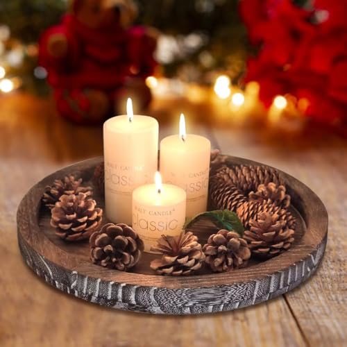 Round Decorative Wooden Serving Trays for Ottoman Coffee Table Tray Farmhouse Kitchen Home Decor Accents Circle Circular Wood Decorations Trays Rustic Dining Table Centerpiece Candle Holder Tray - color: Washedwhite, size: 12"