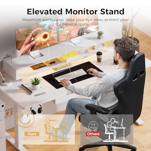 GTPLAYER Electric Standing Desk with Drawers, 48 x 24 Inch Height Adjustable Gaming Desk with Monitor Stand, Power Outlets & LED Lights, Home Office Sit Stand Up Desk with Memory Preset (White) - color: White, size: 48*24"
