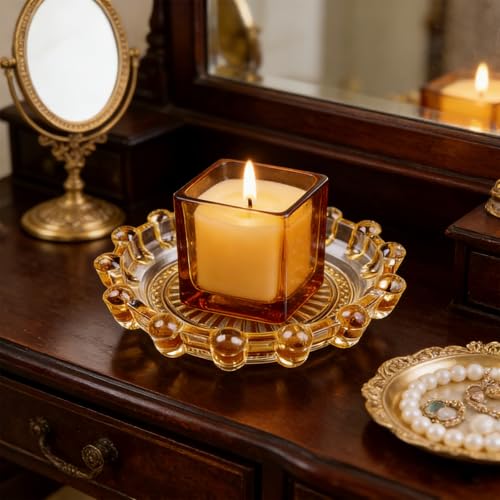 Glass Candle Holder Tray – Decorative Bubble Candle Dish for Home Decor Jewelry Holder Dish Tea Light & Votive Display Glass Plate Accessory - color: Amber