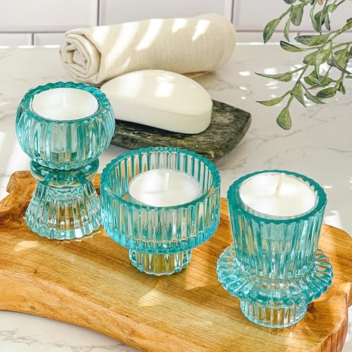 Kate Aspen Vintage Ribbed Glass Black Candlestick Holders, Pillar Candle, Tealight & Votive Candle Holders (Set of 6, 3 Assorted Sizes), Dining Table Decor, Shelf Decor, Centerpiece - color: Blue