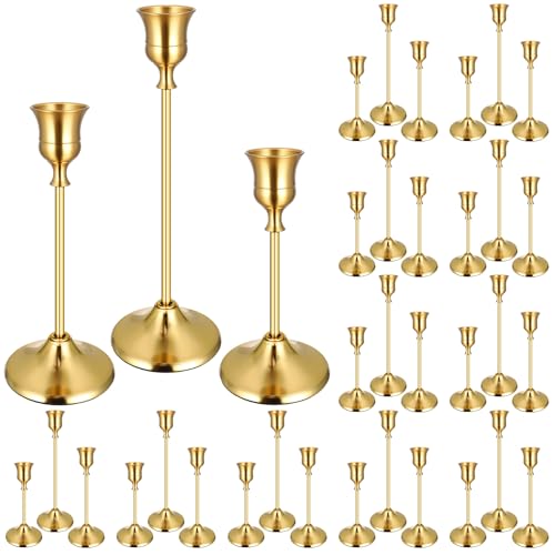 36PCS Brass Black Taper Candle Holders Set, Vintage Metal Candlestick Holders for Table Centerpiece, Wedding Reception, Festive Christmas Mantel Decoration - color: Gold - 12 Sets (36 Pcs)