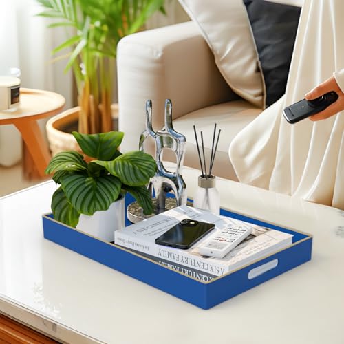 MAONAME Navy Blue Serving Tray with Handles, Modern Decorative Trays for Coffee Table, Plastic Rectangular Trays for Ottoman, Bathroom, Decor, 15.8” x 10.2” x 1.4" - color: Navy Blue, size: 15.8" x 10.2" x 1.4"