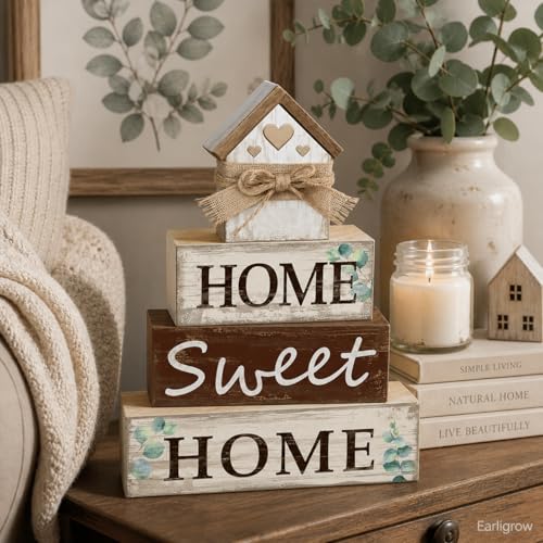 4 Pcs Farmhouse Tiered Tray Decor Home Sweet Home Rustic Wooden Tabletop Sign Neutral Heart House Shaped Shelf Mantle Kitchen Decoration Housewarming Gifts - style: Home