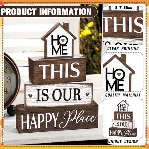 Cinnvoice 4 Pcs Farmhouse Tabletop Decor Rustic Family Blessed Home Table Centerpiece This Is Us Sign for Kitchen Shelf Desk Fireplace Mantel Tiered Tray Decor(Home This is Our Happy Place) - style: Home This is Our Happy Place