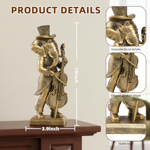 Vintage Animal Statue Sculpture,Gold Resin Music Elephant Figurine with Cello, Retro Office Desk Decor for Home Living Room, Creative Gift for Animal Lovers - color: Music Elephant