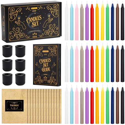 WYSPELL 36 Colored Spell Candles | 5" x 1/2" | Taper Candles Kit for Witchcraft & Decor | 6 Chime Candle Holders | Wiccan Supplies & Candlesticks Set