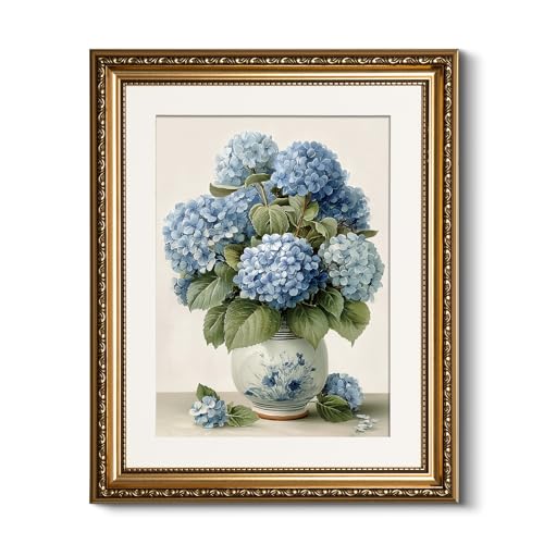 Vintage Blue Hydrangea Wall Art 13x16 Inch Botanical Print, Embossed Gold Framed Traditional Floral Canvas Painting, Classic Flower Vase Artwork Living Room Bedroom Dining Room Entryway Décor - color: Hydrangea, size: 16"L x 13"W