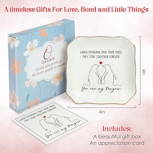 OASSIE Anniversary Couple Gifts for Her - You Are My Penguin, 4x4 Ceramic Jewelry Dish Tray - Romantic Anniversary Wedding Engagement Birthday Gifts for Women Girlfriend Wife, I Love You Gift for Her - color: White - My Penguin