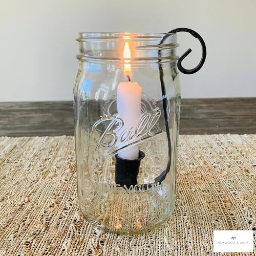 Rustic Mason Jar Candle Holder Inserts - Set of 2 Wrought Iron Hook for Taper Candles - Farmhouse Wedding Centerpiece, Christmas Candle Gift, Vintage Cottage Decor