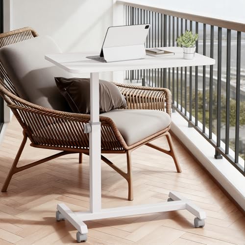 GTPLAYER Mobile Small Standing Desk, Sit Stand Portable Rolling Laptop Desk with Lockable Wheels, Adjustable Height Overbed Bedside Table Computer Workstations, White - size: 24x16in (Non-Tiltable)