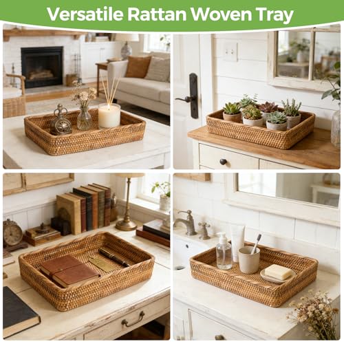 Wicker Storage Tray, Rattan Basket Rectangular for Bathroom Living Room, Decorative Serving Woven Trays Wicker Baskets for Organizing Home Decor L(15.7" × 11") - style: L (15.7" × 11")