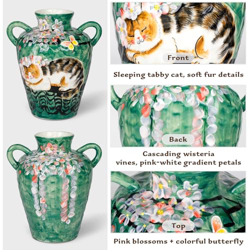 10.5 Inch Ceramic Vase with Hand-Painted Cat & Floral Design, Green Decorative Flower Vase with Handles for Home Decor, Boho Table Centerpiece, Ideal Gift for Plant Enthusiasts - color: Green-cat