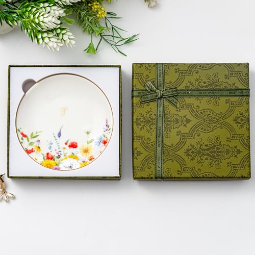 Crisky Flower Jewelry Tray Ring Dish & Gift Box, Ceramic Trinket Dish for Rings Earrings Necklaces Keys, Bridal Shower Engagement Birthday Gift for Women, Friends 4.57" (Gold Foil R - style: Initial R