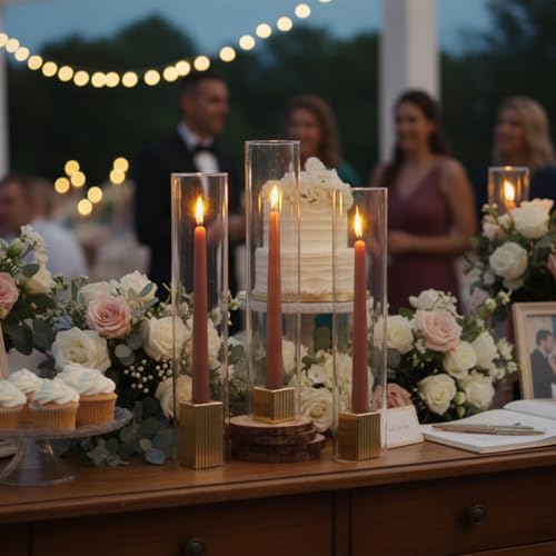 LETINE 14" Tall Hurricane Candle Holders with Gold Ribbed Taper Candle Holders Set of 9– Bulk Windproof Taper Candle Hurricane Glass for Outdoor&Indoors Wedding Centerpiece, Event & Home Decor - color: Gold, size: 14H"-9pcs+9pcs Taper Holder1.57"/2.36"/3.