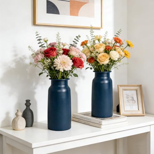 Set of 2 Navy Blue Seamless Metal Flower Vase, 10.8" Tall Modern Matte Blue Floral Vase Pair, Shatterproof Leakproof, Sophisticated Home Decor Centerpiece for Table, Mantle, Shelf - color: Dark Blue