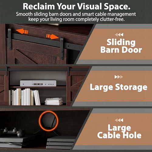 YESHOMY Fireplace TV Stand for Television up to 65+ Inch with Storage and Farmhouse Sliding Barn Doors, Entertainment Center with Cabinet and Shelves, Media Console for Living Room, Rustic Dark Brown - color: Rustic Dark Brown, style: Sliding Barn Doors F