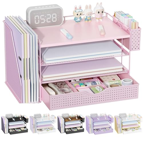 gianotter Wood Desk Organizers and Accessories with File Holder, 4-Tier Desk Accessories & Workspace Organizers with Drawer and Pen Holder, Paper Organizer for Office Supplies (Pink) - color: Pink