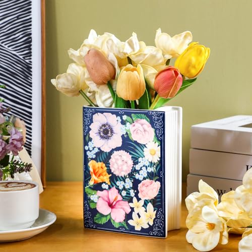 Uiifan Book Shaped Small Flower Vase Decorative Ceramic Vases Cute Home Decor for Bookshelf Dining Table Desk Office Home Decor Unique Vase for Book Lovers (Retro Flowers)