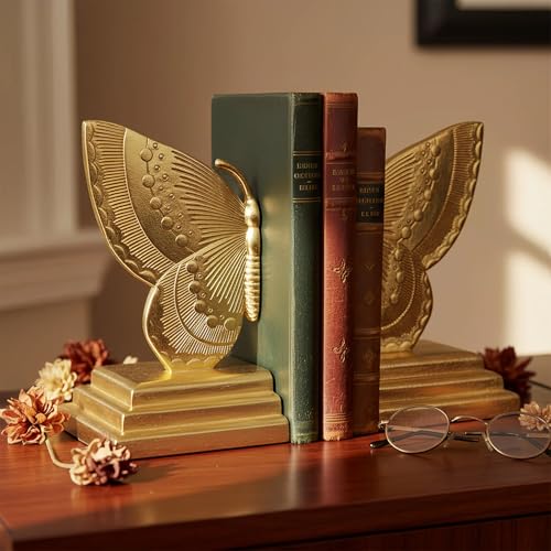 Butterfly Book Ends Decorative Bookends for Shelves, Elegant Butterfly Bookends for Bookshelf Decor, Animal Decorative Book Stoppers for Home Office - color: Butterfly - Gold