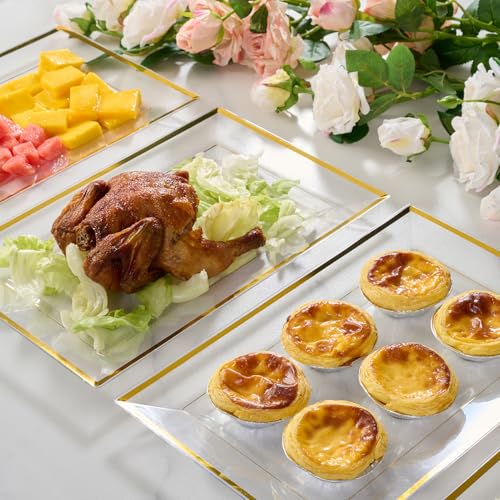 FOCUSLINE 8 PCS Plastic Serving Trays for Party, Clear and Gold Rim Serving Platters and Trays, Premium Plastic Fruit Tray, Disposable Platters for Cupcake, Dessert, Appetizers - color: Clear