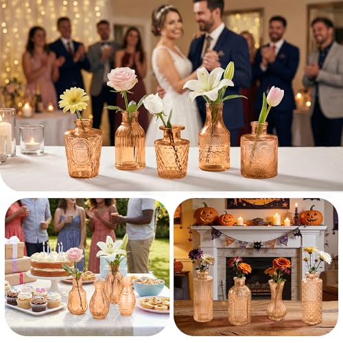 Glass Bud Vases in Bulk Set of 17, Amber Small Mini Vases for Flowers, Vintage Vase for Centepiece,Wedding, Table Decor, Baby Shower, Christmas, Home and Events - color: Amber