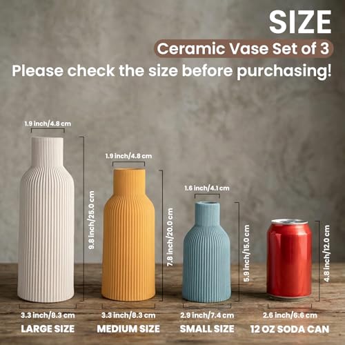 Colorful Ceramic Vases Set of 3 (White, Yellow, Blue) - Modern Matte Ribbed Color-Block Vases for Dried Flowers - Scandi Boho Decor Centerpieces for Living Room & Shelf - color: White/Yellow/Blue