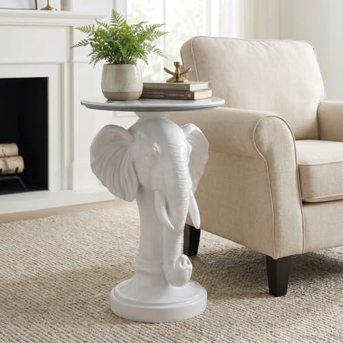 Modern Accent Table with White Elephant Ornament Base, Minimalist Faux Marble End Table for Living Room Reception Area & Bedroom, 19.69 Inches Wide × 25.98 Inches High - color: White Elephant Head Statue