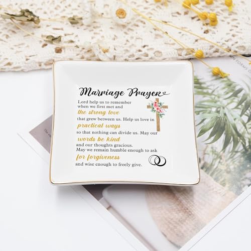 Christian Wedding Gifts for Couple, Marriage Prayer 4" Ceramic Jewelry Dish for Women, Religious Wedding Gift for Newlyweds, Wife - Married Couples Anniversary - Mr & Mrs, Bridal Shower Gift - color: Marriage Prayer
