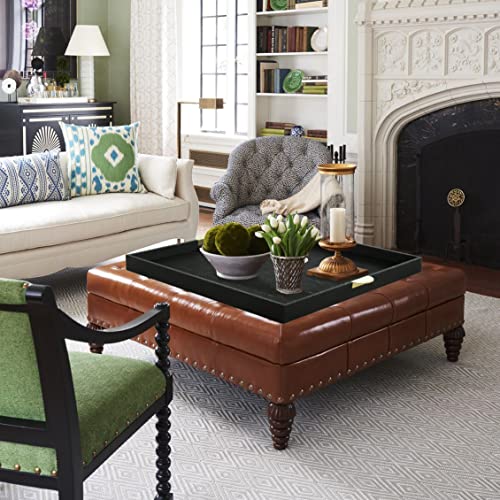 HofferRuffer Extra Large Square Serving Tray, Elegant Faux Leather Ottoman Tray with Gold Hardware Handles, Serve Tea, Coffee or Breakfast in Bed, 23.6 x 23.6 inches, Black Large Square - color: Black, size: 23.6" x 23.6" x 2"